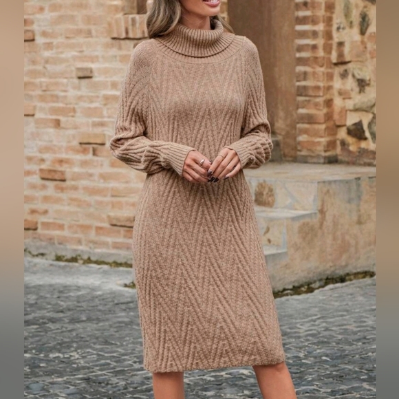 New Boho Chevron Knit Turtleneck Sweater Dress Camel Tan Beige - Picture 5 of 7